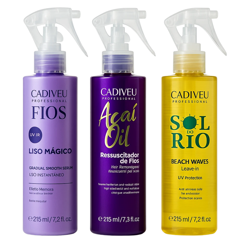 Cadiveu Magic Hair Smoothing Fluid Spray Trio Plastica dos Fios, Acai Milk, Sol do Rio Bundle